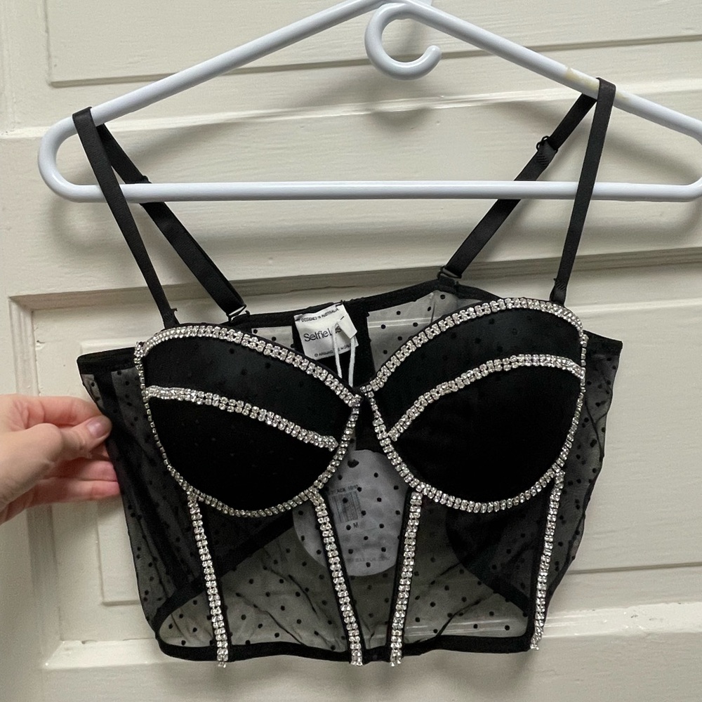 Selfie Leslie Stop and Stare Diamanté Trim Crop Top Black